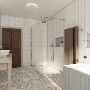 Showerhead, shower arms, concealed module two-ways, sinks wall-mounted sinks, floor tile patchwork & retro a wall tile patchwork & retro v retro koupelně PAJE