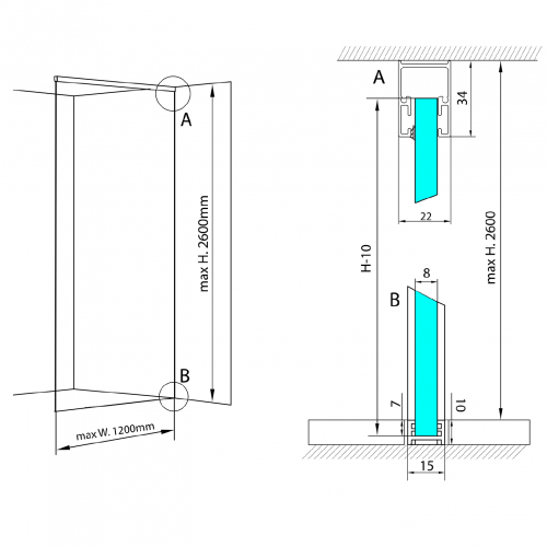 Sada pro uchycení skla | podlaha-stěna-strop | ARCHITEX LINE | max. šířka 1200 | černá mat
