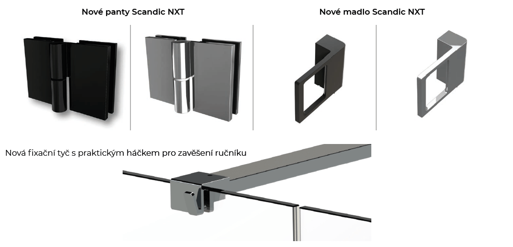 Sprchová zástena SCANDIC NXT - pánty - madlo - fixačné tyč 