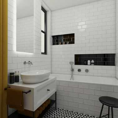 Retro kúpeľňa BLACK & WHITE - Pohled od vstupu na umyvadlo