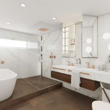 Luxusní koupelna HAJE - Pohled na sprchový kout a umyvadl