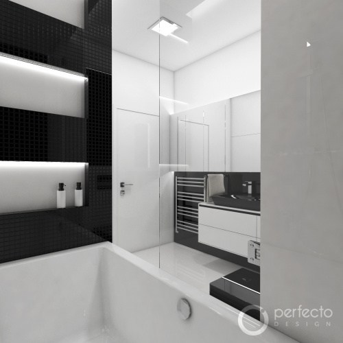 Moderná kúpeľňa BLACK&WHITE - Pohľad z vane ku vstupu
